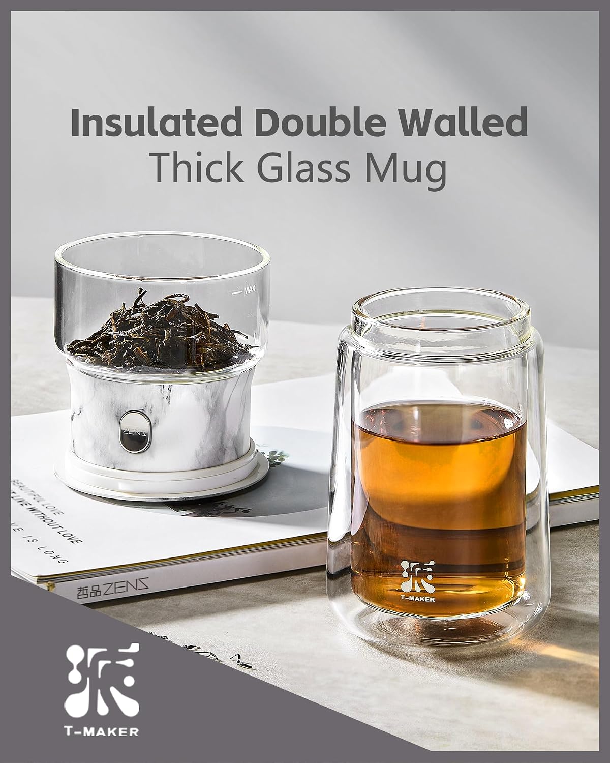 ZENS Modern Glass Infuser Teapot, One Touch Tea Maker for Loose Leaf Tea with Insulated Mug and Portable Case. Enchanted Pot Alternatives for Tea Lover Gifts