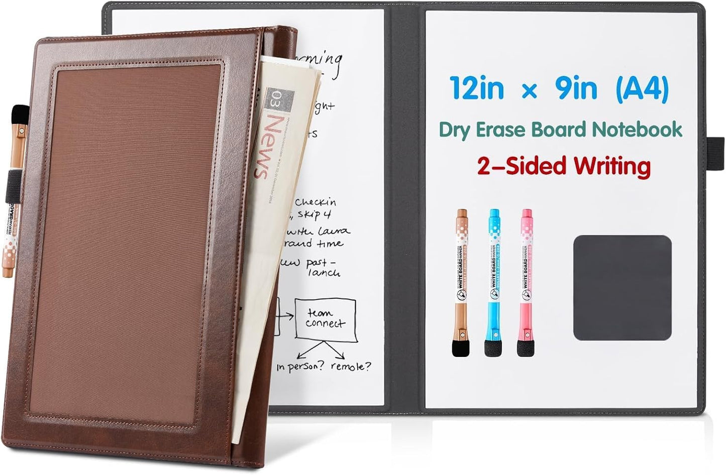 CoBak 6 Sides Portable White Board 12x9 inch (A4) - Notebook Design Dry Erase Small Board with Pocket and 3 Markers, Anti-Ghosting Surface for Office, School, Homeschool with Gift Box (Brown)