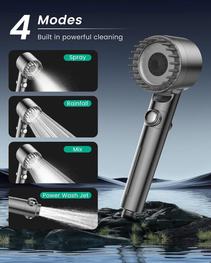 Filtered Shower Head with Handheld with 4PCS Filters, High Pressure 4 Spray Modes Shower heads with Filter, IronDrops Water Softener Filter for Hard Water 70" Hose (Chrome)