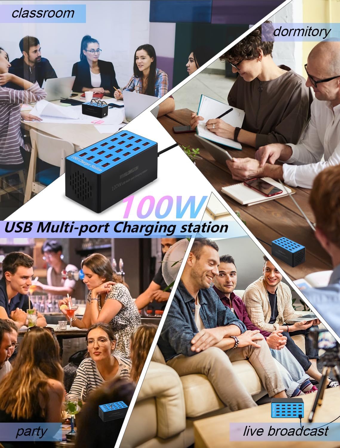 USB Charging Station,100W 20-Port Multi Smart Safety Fast Charger Station for Phone Tablet Watch Headphone PS, Compact Desktop Charger Home Office Travel