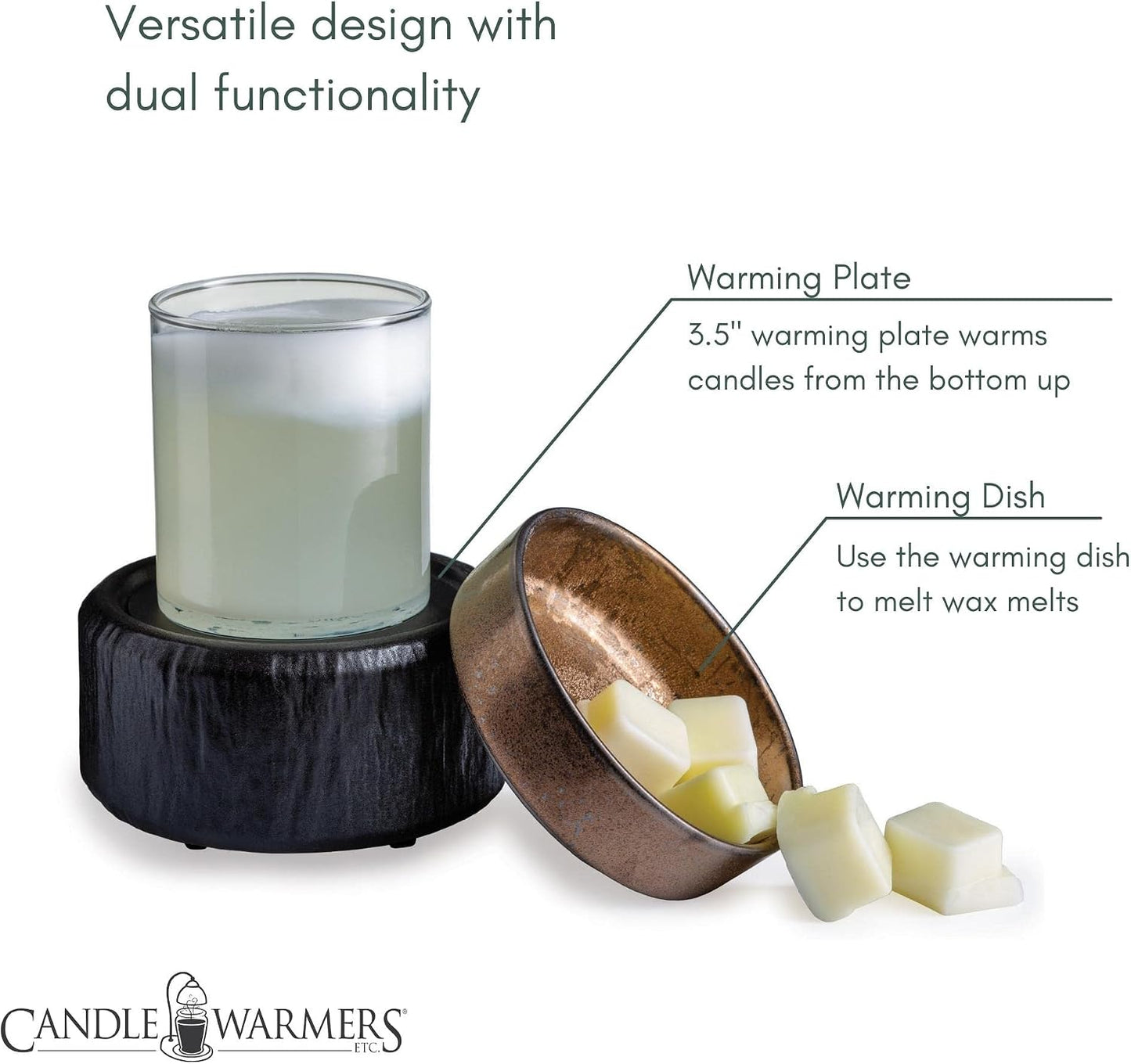 Candle Warmers ETC 2-in-1 Candle and Fragrance Warmer for Warming Scented Candles or Wax Melts and Tarts with to Freshen Room, Primitive Black and Bronze