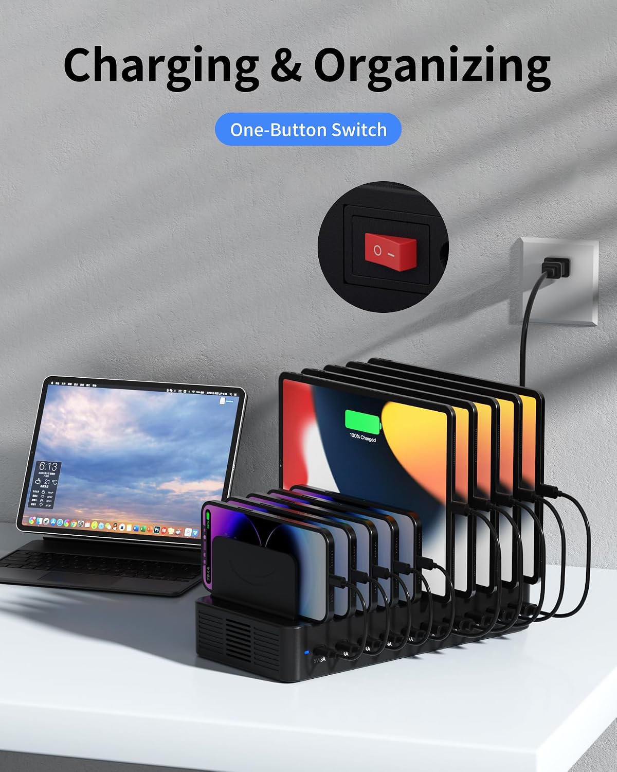 100W Charging Station for Multiple Devices, 10-Port USB Fast Charger, Black