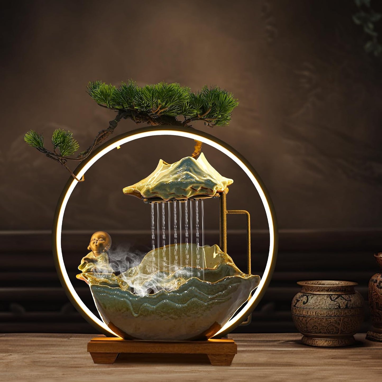 Mini Artificial Bonsai Tree Waterfall Fog Feature Rock Tabletop Fountain | 11in Desktop Decor Waterfall Fountain W/ Water Pump& Atomizer&LED Lights &Fake Tree Office Bedroom Relax
