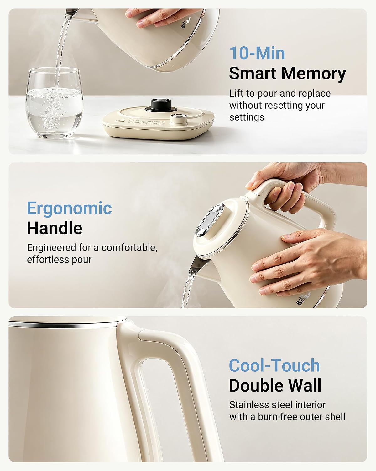 Bear Electric Kettle, 1.5L 304 Stainless Steel Water Boiler, 1500W Fast Boiling Tea Kettle with Double Wall Cool Touch, Auto Shut-Off & Boil-Dry Protection, BPA-Free, Cream
