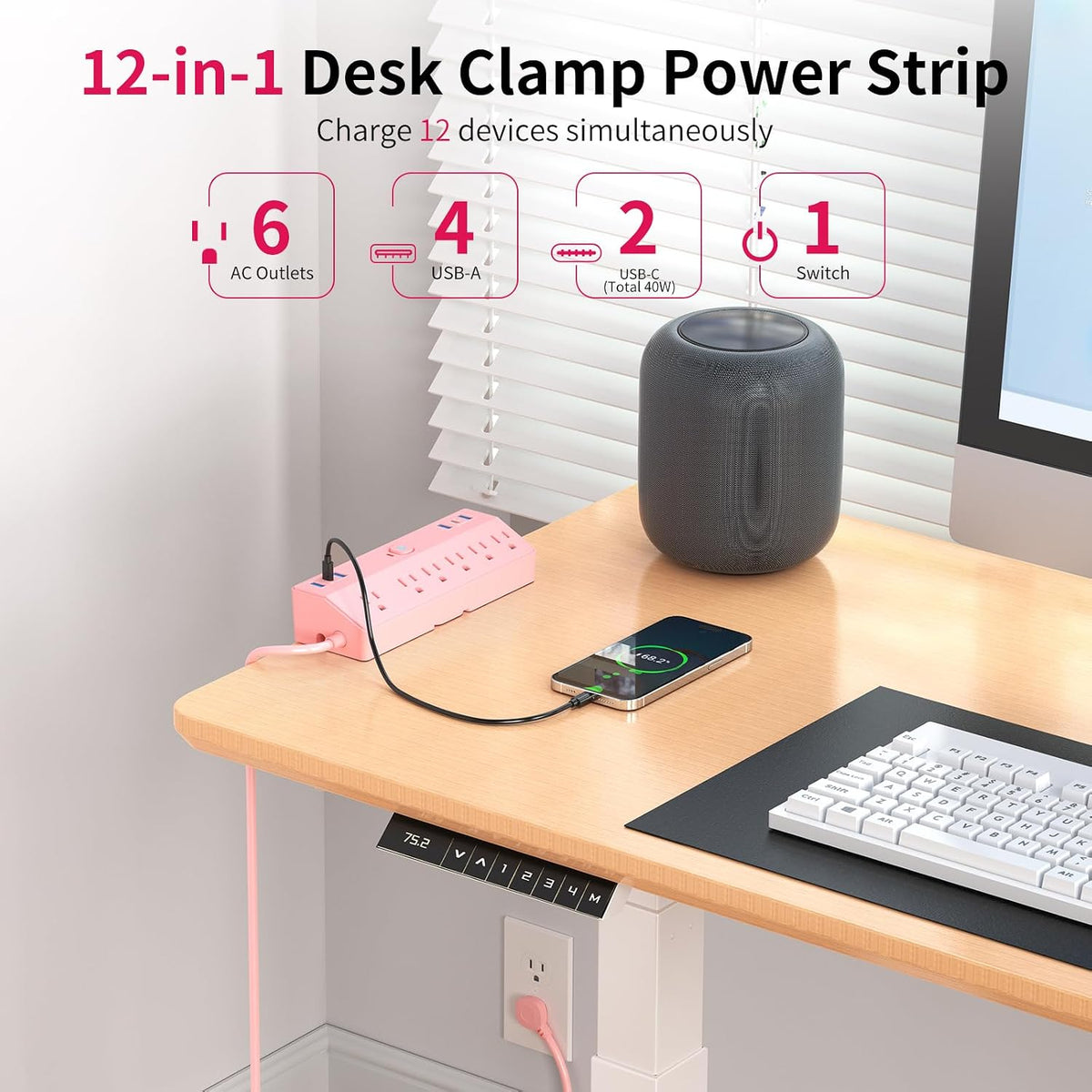 Desk Clamp Power Strip 10FT, 40W Total Fast Charging Station, Black