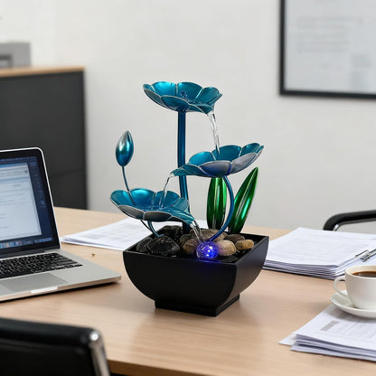 AOZITA Tabletop Fountain, Indoor Waterfall Fountain, Small Home Décor Zen Relaxation Soothing Sound Machine for Office, Living Room, or Bedroom,Blue Metal Lotus with Bud, River Rocks,Round LED