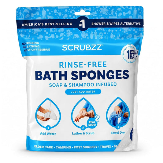 Scrubzz Disposable Rinse Free Bathing Wipes - 25 Pack - All-in-1 Single Use Shower Wipes, Simply Dampen, Lather, and Dry Without Shampoo or Rinsing