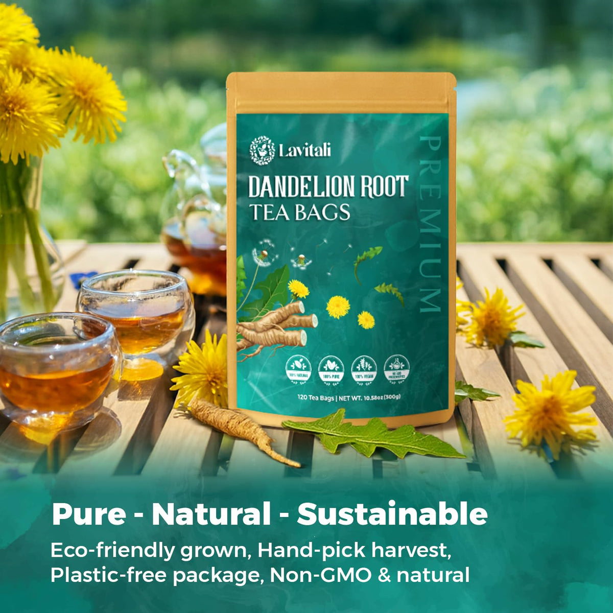 Lavitali, Dandelion Tea Bags | 60 bags, 100% Pure Herbal Tea | Caffeine-Free, Eco-Friendly Filter Bag | Daily Natural Botanical, Hot or Iced Herbal Infusion