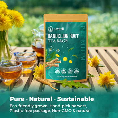 Lavitali, Dandelion Tea Bags | 60 bags, 100% Pure Herbal Tea | Caffeine-Free, Eco-Friendly Filter Bag | Daily Natural Botanical, Hot or Iced Herbal Infusion