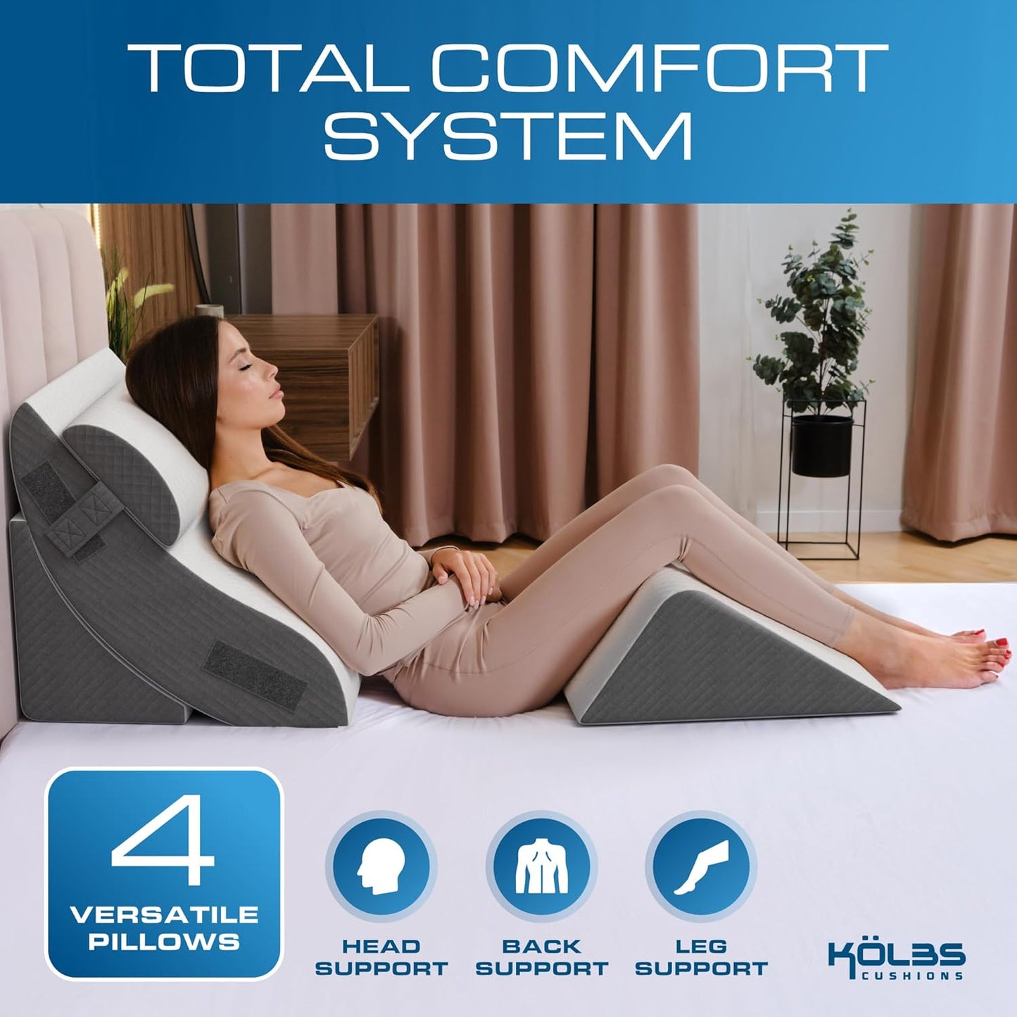 Kolbs Bed Wedge Pillow for Sleep Apnea, FSA Eligible Acid Reflux, and Back Pain Relief, with Chic Jacquard Cover - Headboard Wedges for Sleeping (5" Gentle Incline)