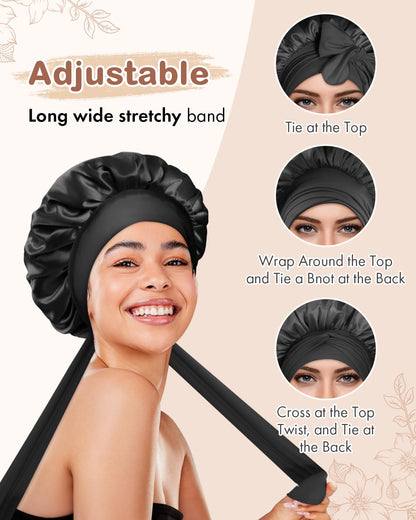 BONNET QUEEN Silk Bonnet for Sleeping for Women Satin Bonnet Night Cap for Curly Hair with Tie Band, Single Layer, Cream Pink