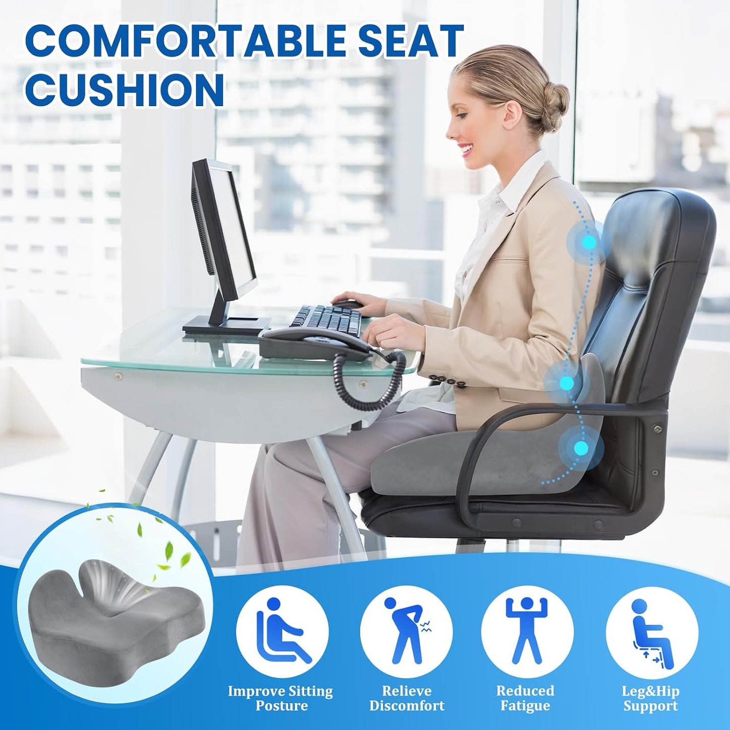 CushZone Seat Cushion, Ergonomic Memory Foam Seat Cushions for Office Chairs, Car, Long Trip, Desk Chair, Lab, Extra Large Size for Sciatica & Hip & Tailbone Pain Relief, Sciatica Support (Black)
