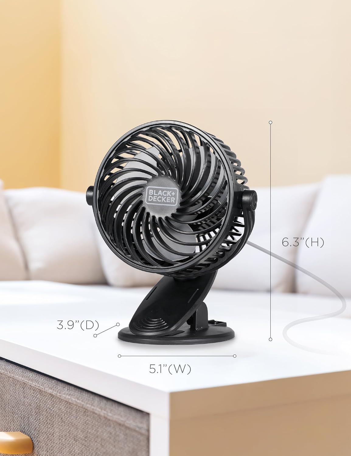 BLACK+DECKER 4" Convertible Cooling Fan, 3-Speed, Type-C USB, 2-Pack, Black