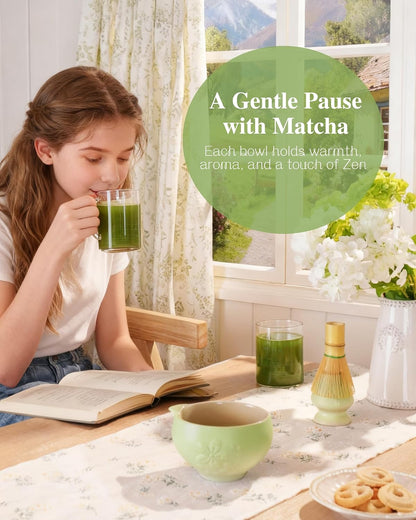 ZENS Matcha Whisk Set, Matcha Kit Set, Matcha Bowl with Spout, Bamboo Whisk & Scoop, Chasen Holder, 304 Sifter & Tea Mat, 6pcs Japaness Matcha Kit for Matcha Lovers, Birthday Gift, Pale Green