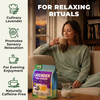 Lavender Tea Bags 100 Count - 100% Natural Caffeine Free Herbal Tea