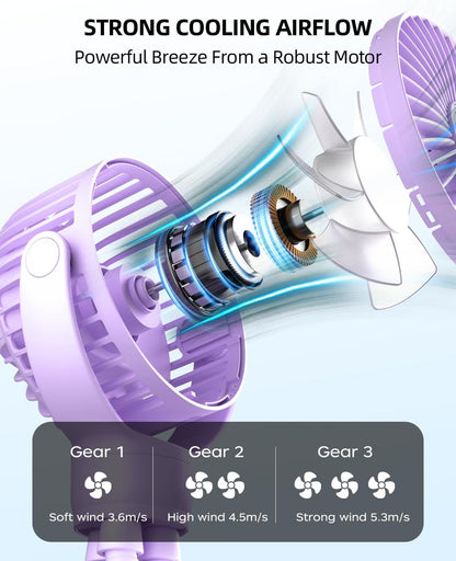 Portable Stroller Mini Fan, Small Rechargeable Personal Fan, Baby Travel Essentials for Wagon, Car Seat, Treadmill, Battery Powered Biking Gear Accessories, 360° Rotation, 3-Speed, Display, Black