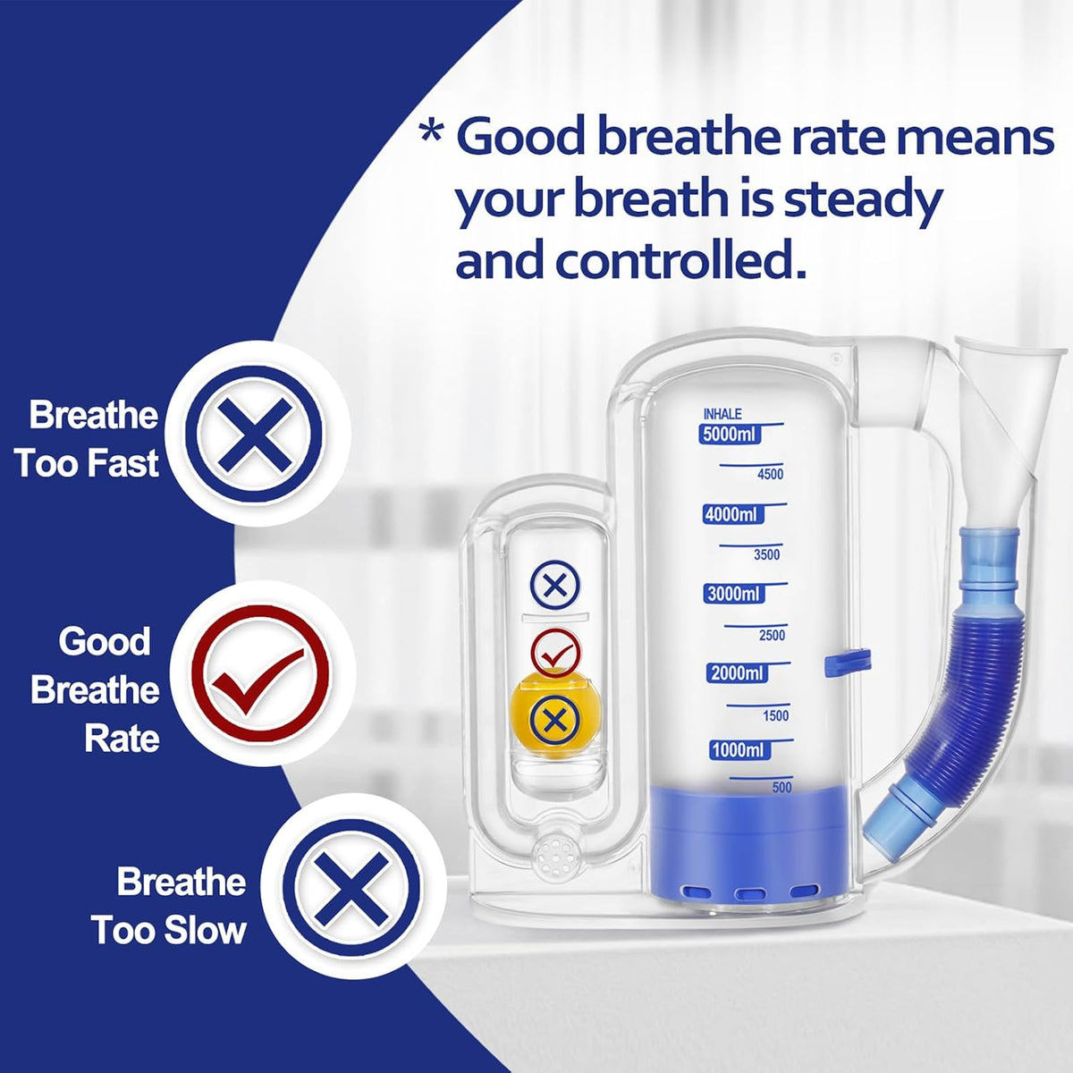 Breathing Exercise Device for Lungs, Lung Exerciser Device – 5000ml Volumetric Deep Breathing Trainer with Flow Rate Indicator for Respiratory Health & Recovery