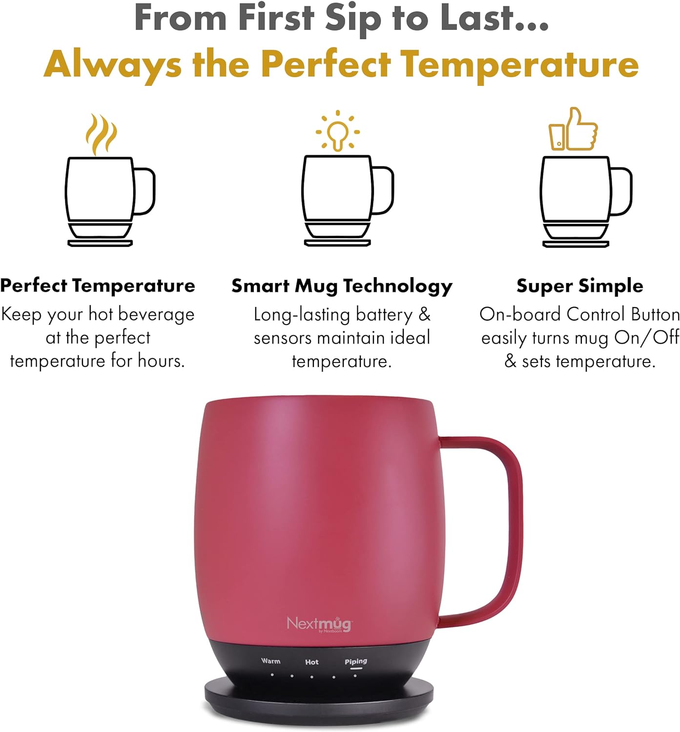 Nextmug - Temperature-Controlled, Self-Heating Coffee Mug (Black - 14 oz.)
