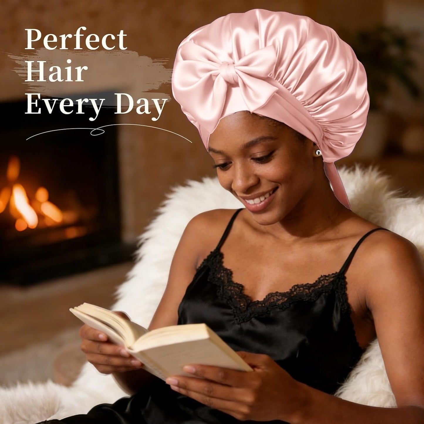 Silk Bonnet Satin Bonnet for Sleeping Large Bonnets with Tie Band Hair Wrap with Adjustable Straps Hair Cap for Women Curly Black