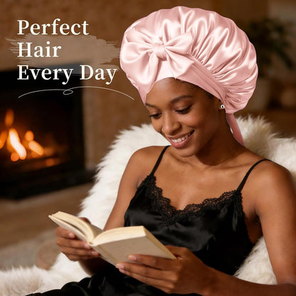 Silk Bonnet Satin Bonnet for Sleeping Large Bonnets with Tie Band Hair Wrap with Adjustable Straps Hair Cap for Women Curly Black
