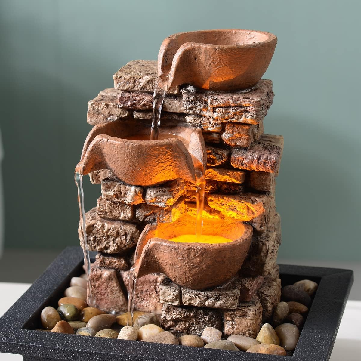 Haobos Indoor Tabletop Fountain 3-Tier Rockery Relaxation, Soothing Sound Home/Office/Bed Room Decor,Gifts for Mom/Grandma Relaxing Waterfall Meditation Tabletop Fountain LED Lights