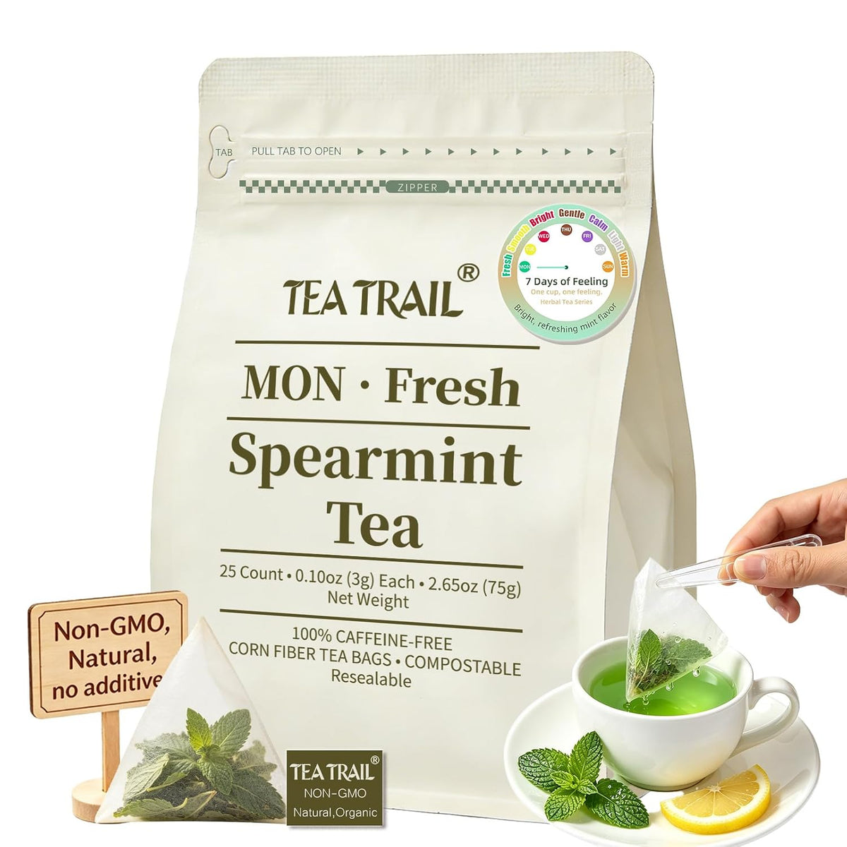 TeaTrail Pure Spearmint Tea – 25 Pyramid Tea Bags, Caffeine-Free Herbal Tea for Digestion & Bloating Relief, 100% Natural Spearmint Leaves, Corn Fiber Compostable Bags, Hot & Iced Brew