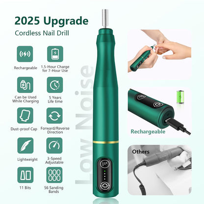 TUOBEO Cordless Nail Drill Electric Nail File Kit, Rechargeable Efile Set, Portable Acrylic Gel Nail Polish Remover Machine, Pedicure Manicure Tool, 11 Bits, 56 Sanding Bands, Salon Home, Purple