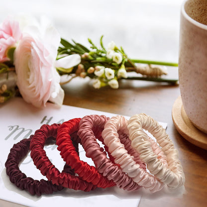 VLOMOT 6 Pcs Set 100% Pure Mulberry Silk Hair Scrunchies - 6 Chic Colors Everyday Skinny Scrunchies Silk Ponytail Holders - No Damage (Purple)