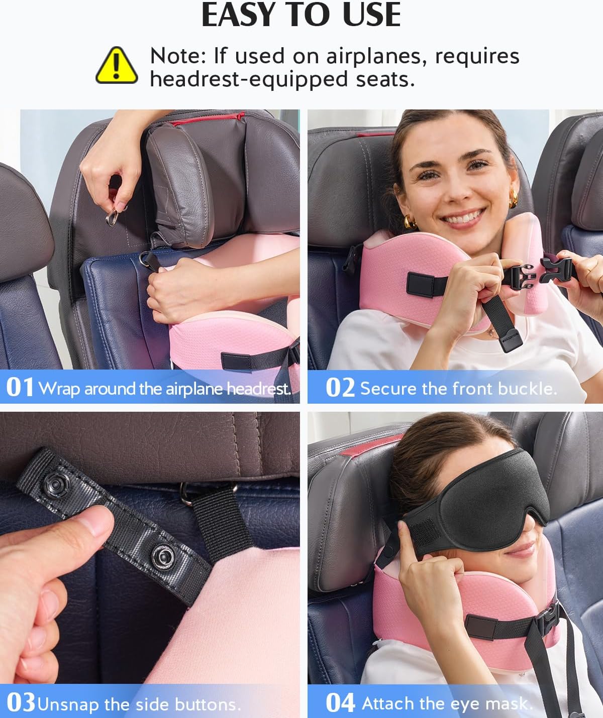 YFONG Travel Pillow for Long Flights, Patented 360° Ergonomic Sleeper Hold Head Support System with Memory Foam Neck Pillow & 3D Sleep Mask, Prevent Head Bobbing for Airplane & Road Trip, Pink