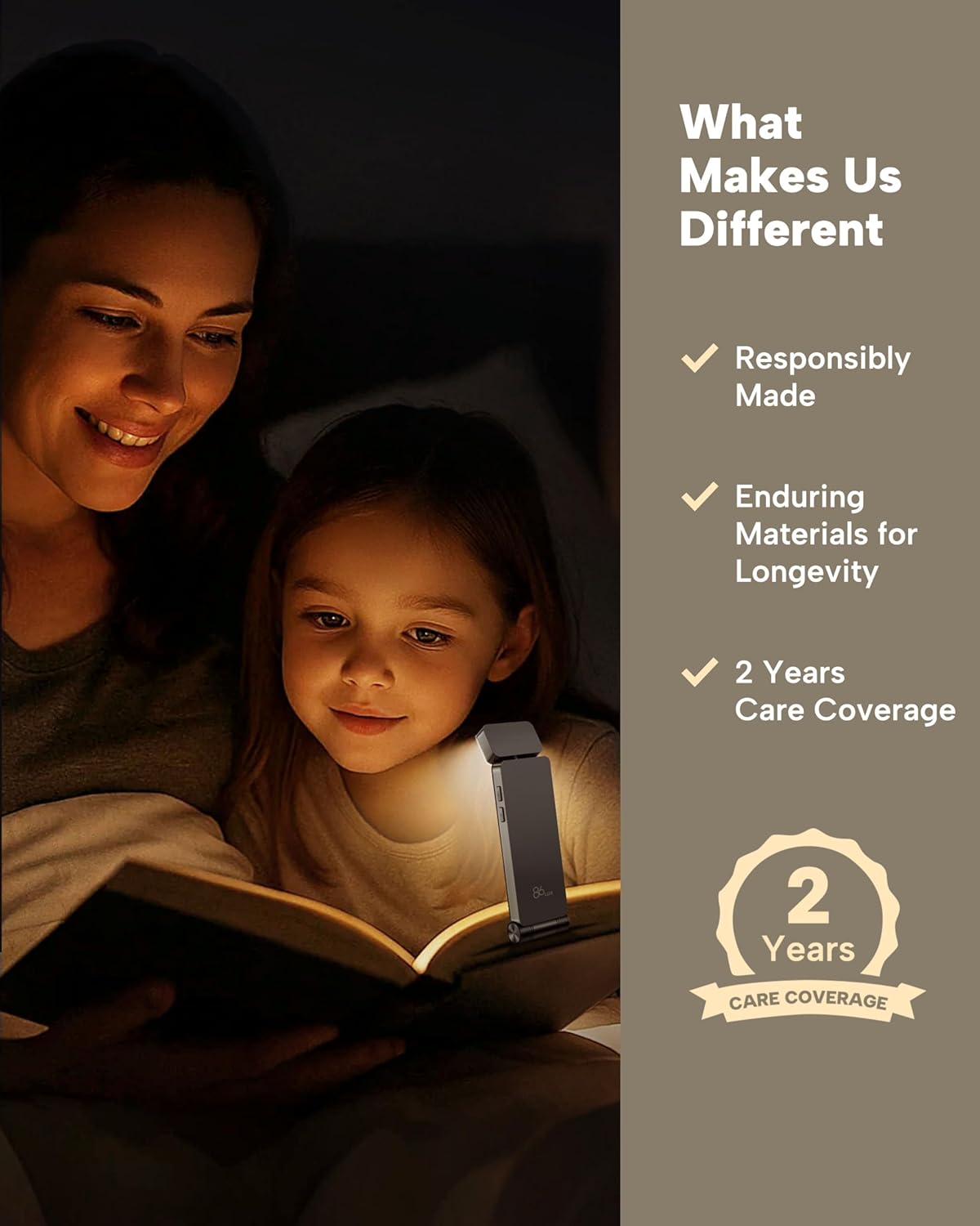 86lux Book Light, Rechargeable Clip-On LED Reading Light for Bed & Night Use - 3 Color Temperatures with Stepless Dimming, Ultralight Bookmark Design for Book Lovers, Grey
