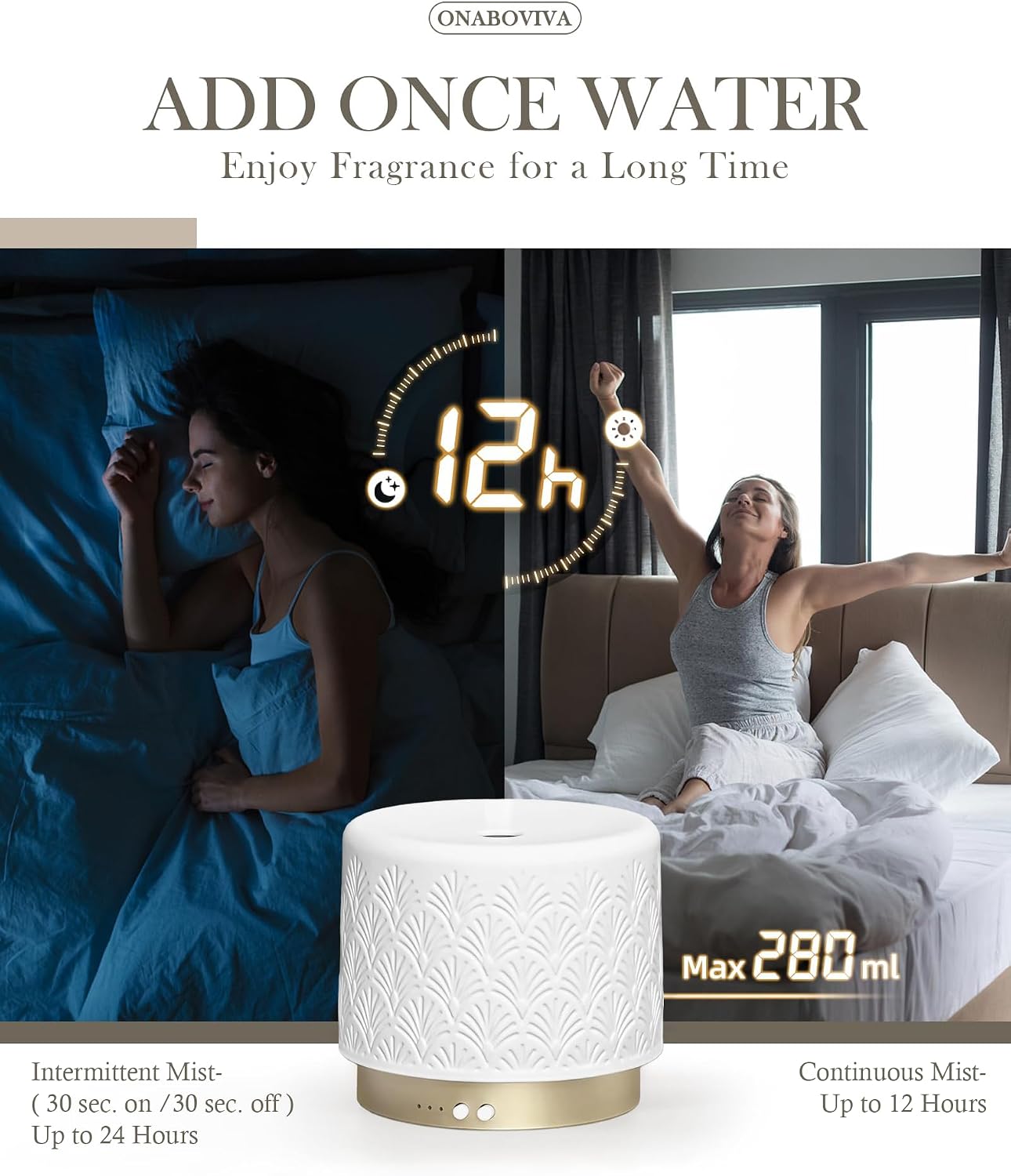 Essential Oil Diffuser - 280ml Ceramic Diffuser for Large Room & Commercial Use, 2.4MHz Aromatherapy Diffuser with Cool Mist Humidifier & Night Light, Ideal for Bedroom, Office, Yoga, Spa, Gifts