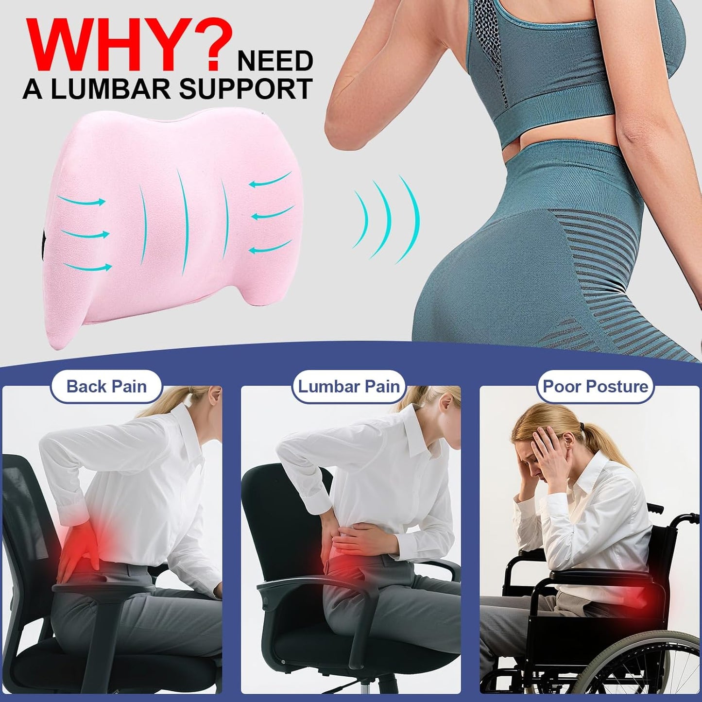 BYMECOST Lumbar Support Pillow for Car, Memory Foam Car Seat Back Support Pillow for Driving, Back Cushion with Strap for Pain Relief, Ergonomic Back Cushion for Office Chair, Wheelchair (Black)