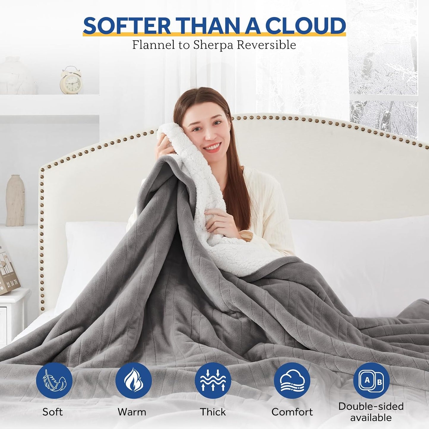 Sealy Heated Blanket Throw with Built-in Button Controller, Reversible Flannel to Sherpa Electric Blanket with 2-10 Hours Auto-Off & 4 Heating Levels, Over-Heat Protection, 50x60 inch, Beige