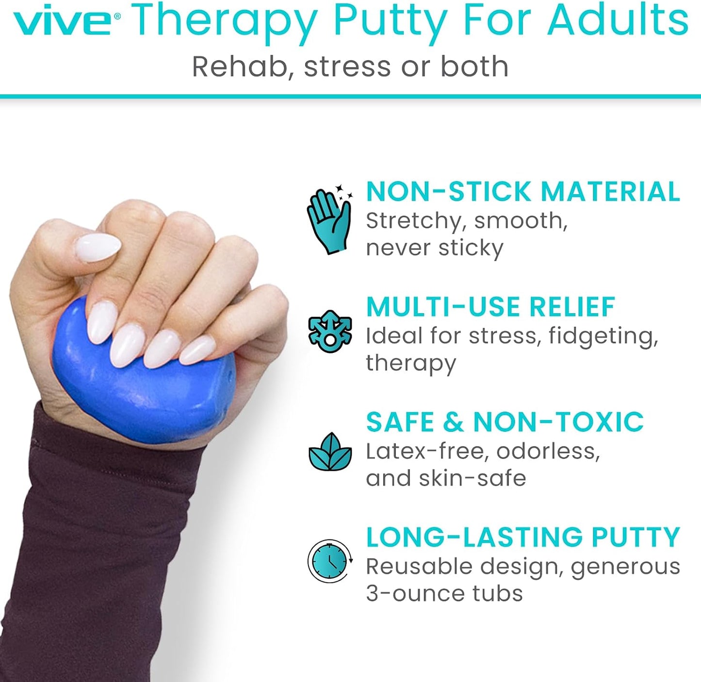 Vive Therapy Putty for Adults, for Hand (2 Pack) - Occupational Sensory Stress Relief Tools - for Physical Exercise, Finger Pain, Grip Strength, Rehab, Arthritis, Forearms, Fidgeting, Motor Skills