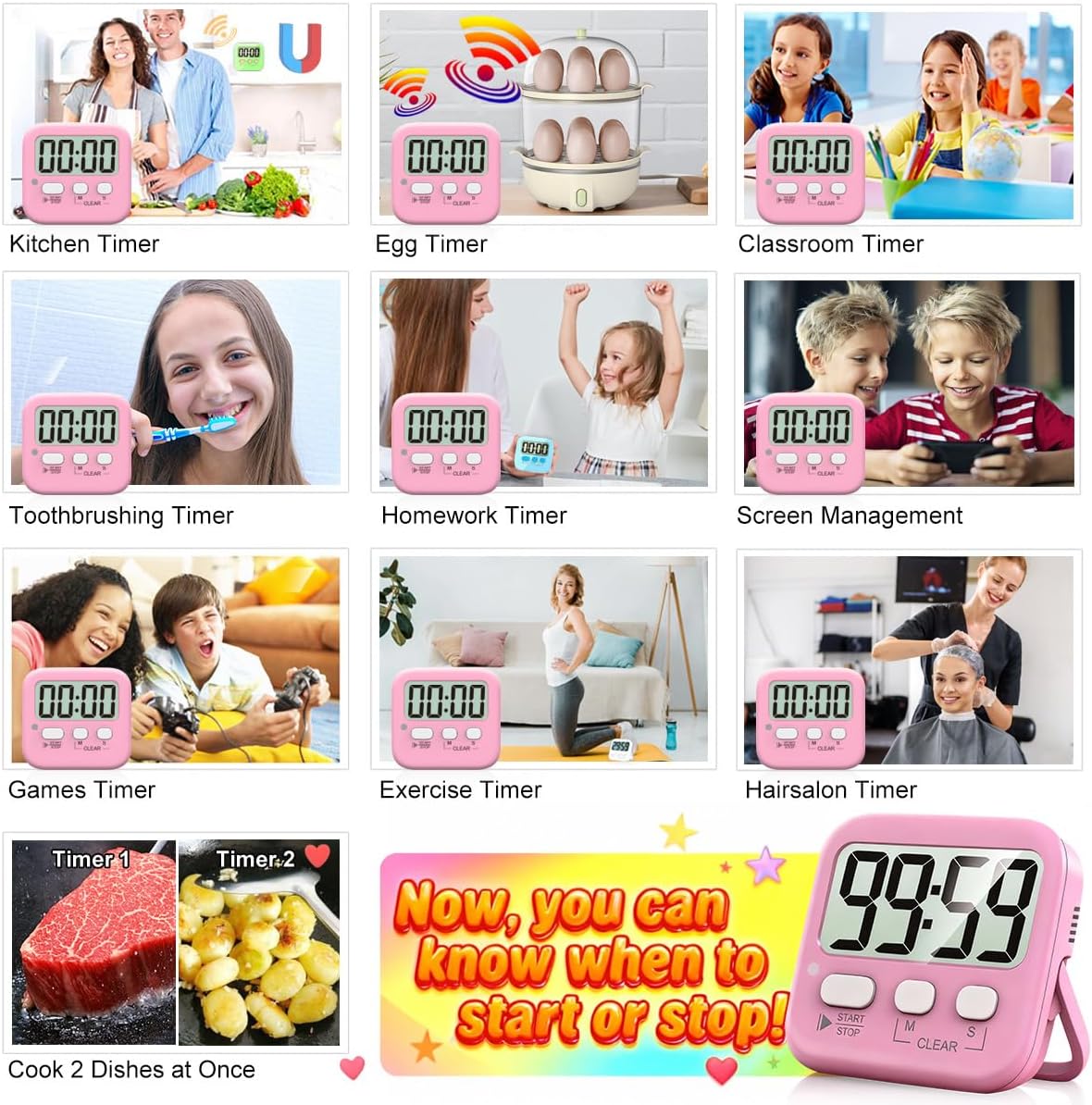 Antonki 2 Pack Digital Timer for Kids Classroom Kitchen Timers for Cooking