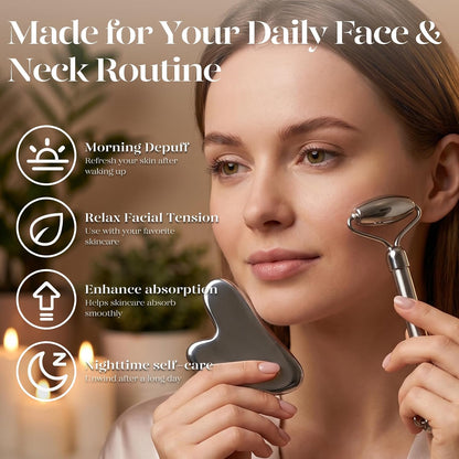 BAIMEI IcyMe Rose Quartz Roller & Gua Sha Facial Tool Set for Depuffing