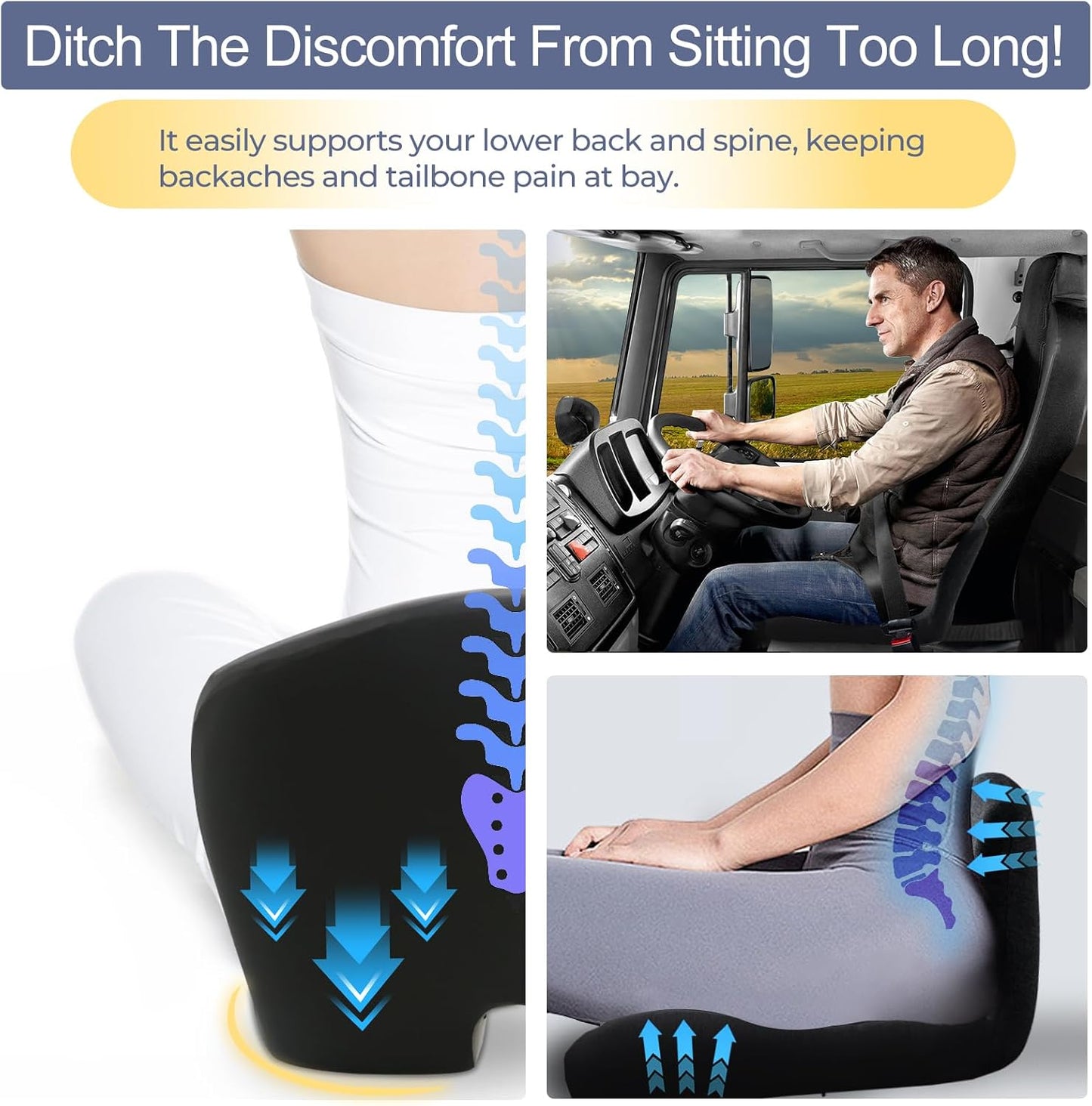 Car Seat Cushion, Memory Foam Driving Cushion with Adjustable Strap, Ergonomic Pad for Car & Semi Truck, Office Chair Cushion for Sciatica & Lower Back Pain Relief, Dark Gray