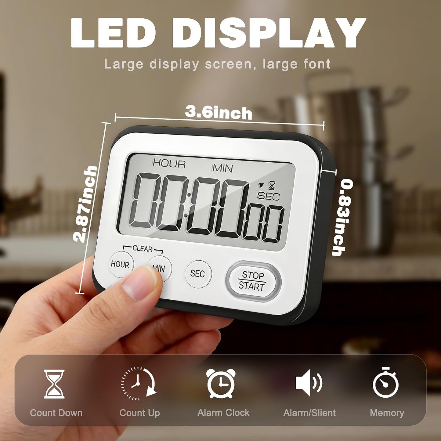 Digital Kitchen Timer Magnetic Loud Alarm, Large LCD Screen Silent/Beeping Multi-Function for Teachers Classroom Kids, Black