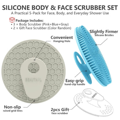 Silicone Body and Face Scrubber Set 5 Pack, BEAUTAIL Shower Bath Scrubber, Gentle Exfoliating Brush for Women Men Sensitive Skin, More Hygienic Than Traditional Loofah, Long Lasting, Black+Pink+Green