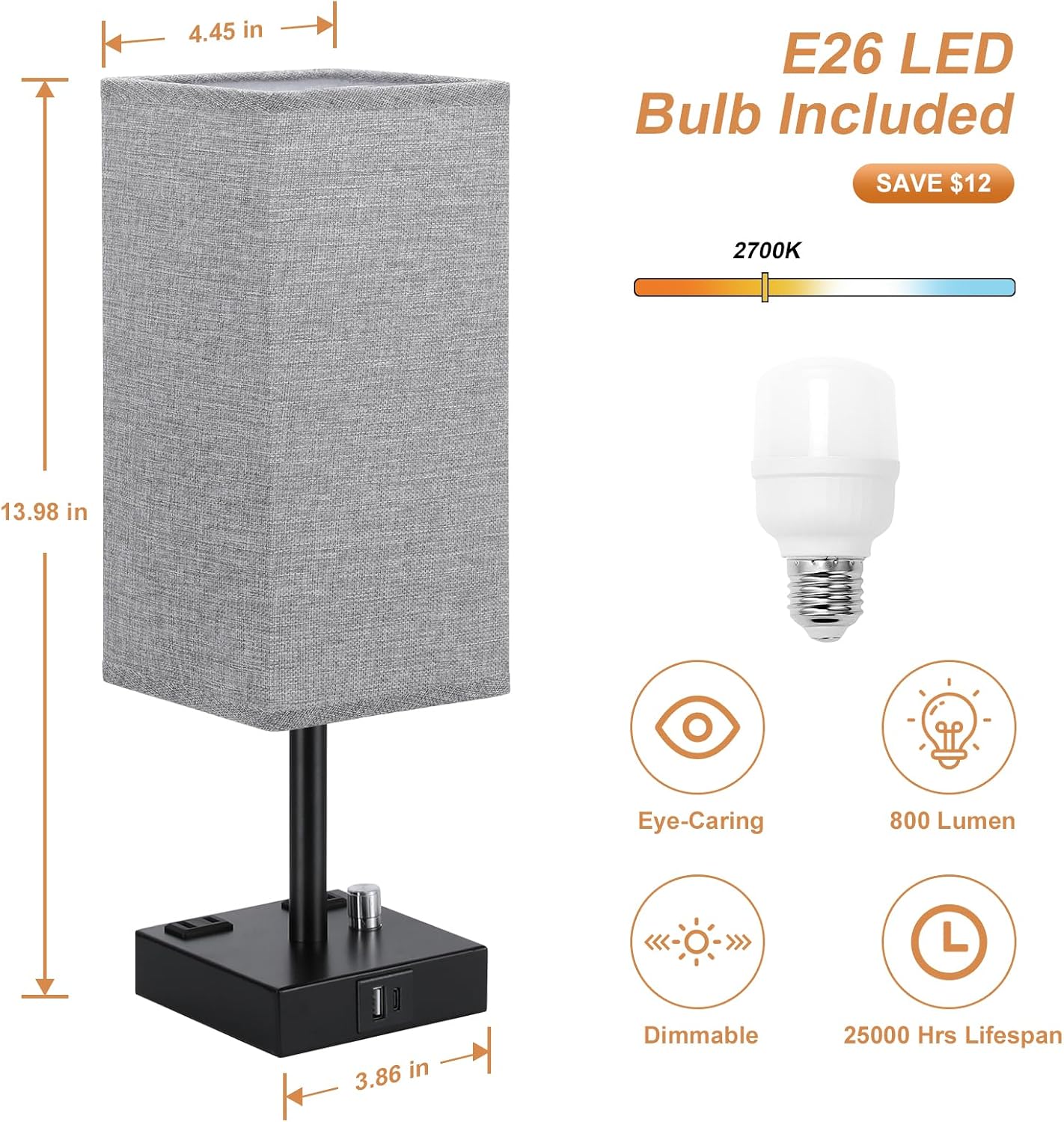 Bedside Table Lamps Set of 2 for Bedroom - Dimmable, USB C+A, 2 AC Outlets