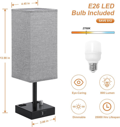 Bedside Table Lamps Set of 2 for Bedroom - Dimmable, USB C+A, 2 AC Outlets
