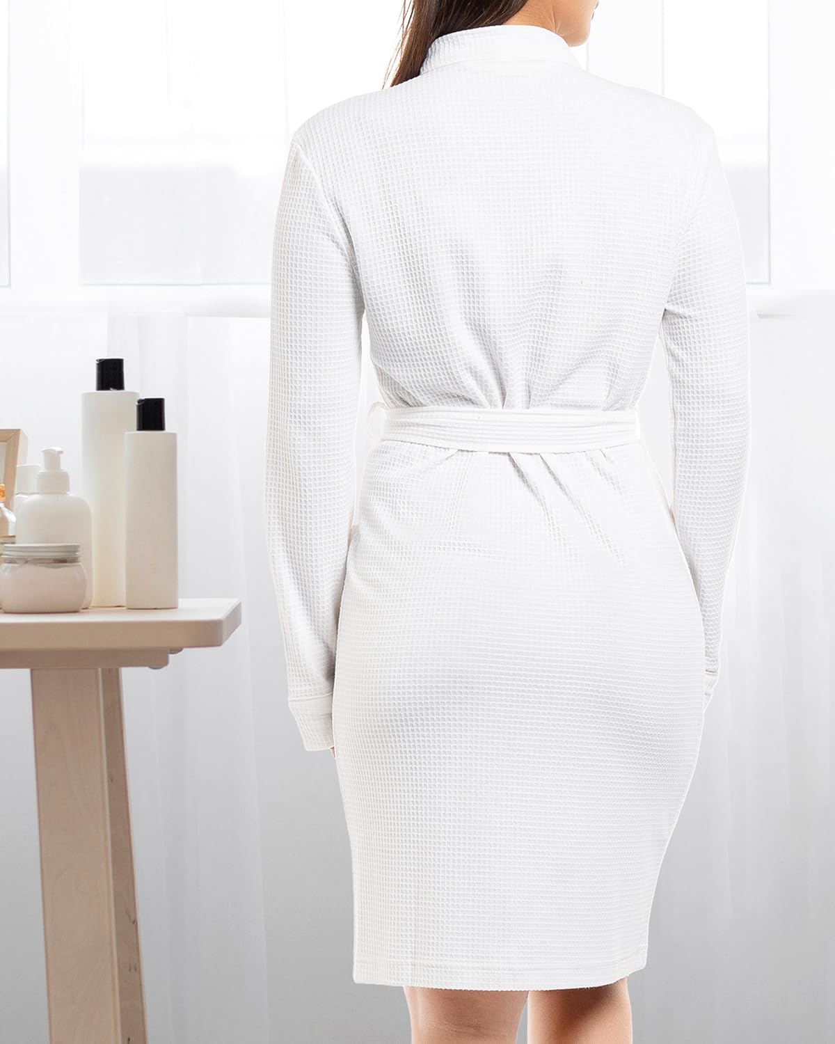 Cotton Blend Lightweight Waffle Robe for Women Knee-Length Soft Bathrobe