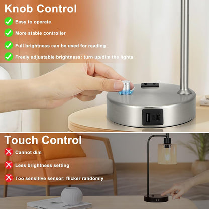 Industrial Table Lamps for Bedrooms Set of 2 - Fully Dimmable Bedside Lamps with USB A and C Ports and Outlet, Black Nightstand Lamps with Glass Shade for Living Room, Desk Lamps for Office Reading