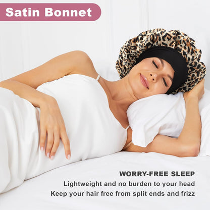 4Pcs Satin Bonnet Silk Bonnet, Hair Bonnet for Sleeping | Elastic Wide Band Silk Sleep Cap, Soft and Breathable, Black Red Purple Gold