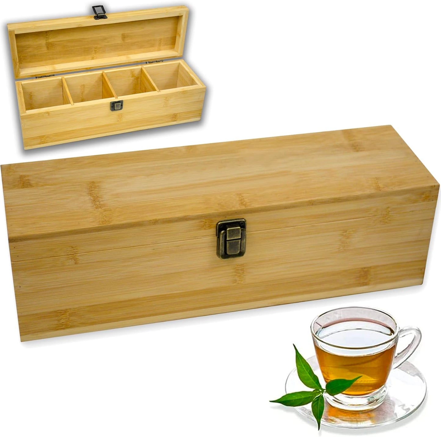 Tea Organizer Box Food Safe Chemical Free Bamboo Wood Storage Chest Big, Tall, Adjustable Cubbies (8-Slot 14.3" x 8.1" x 4.2" with TEA print design)