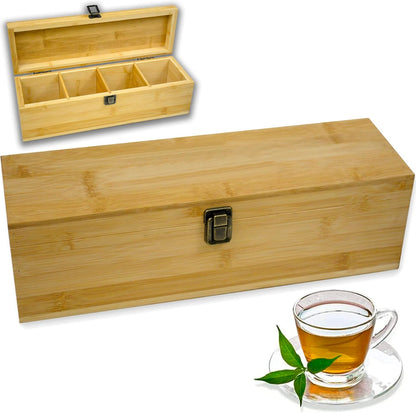 Tea Organizer Box Food Safe Chemical Free Bamboo Wood Storage Chest Big, Tall, Adjustable Cubbies (8-Slot 14.3" x 8.1" x 4.2" with TEA print design)