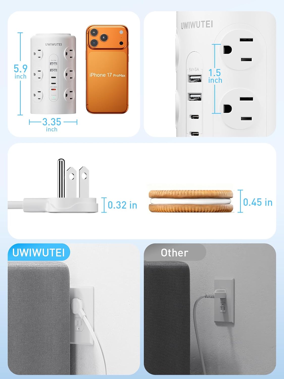 10FT Tower Power Strip with Dedicated 20W PD USB-C Port