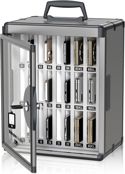 24 Slots Cell Phone Locker, Classroom Phone Storage Cabinet with Key, 【Wall Mounted】 【Aluminum Alloy】 Phone Lock Box, Mobile Phone Lockbox with Handle for School Office Exam(Silver)
