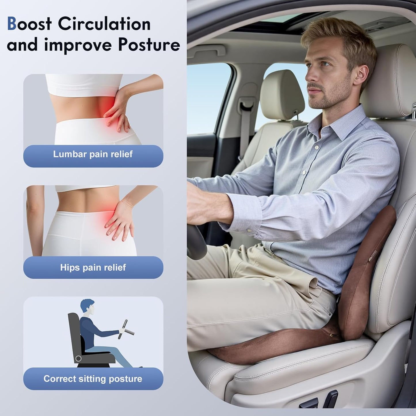 Coverado Car Lumbar Support Pillow and Car Neck Pillow Kit, Ergonomic Design Car Headrest Pillow for Driving, Relax Back Head Muscles Relieve Driving Fatigue, Breathable & Removable Cover, Gray