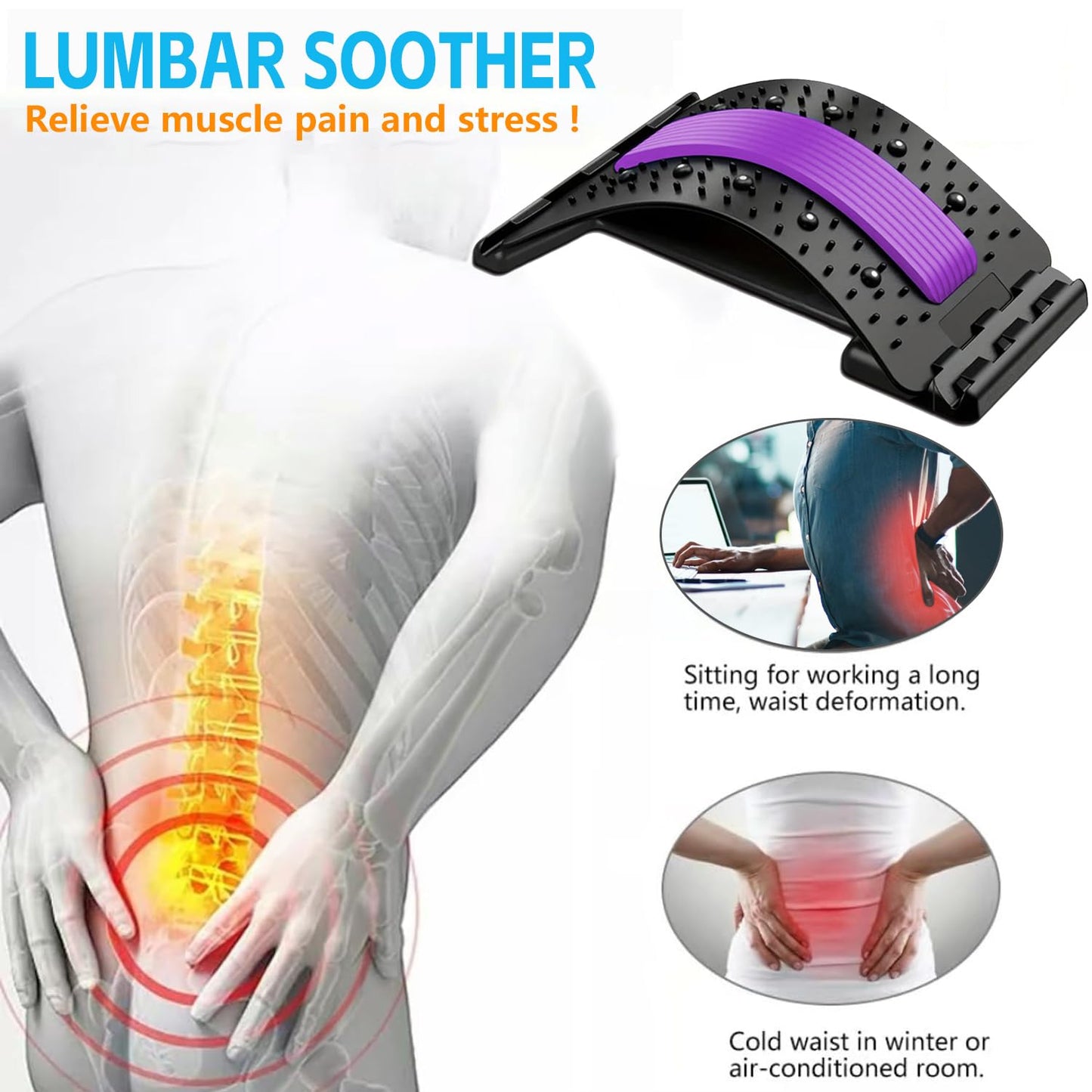 Back Stretcher - 4-Level Adjustable Lumbar Support Board & Back Cracker for Lower Back Pain Relief, Home Office Use (Blue)